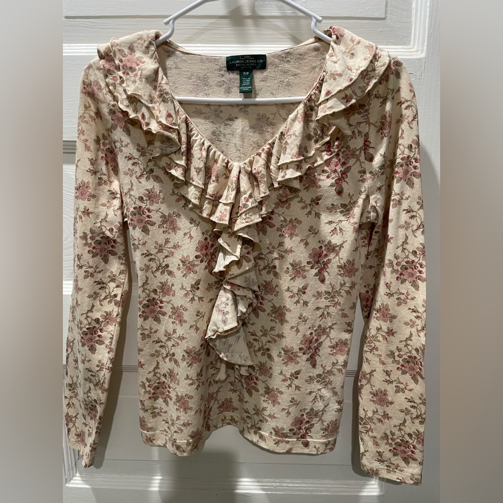 Ralph Lauren Cream and Pink Floral Ruffle Blouse, Size Small